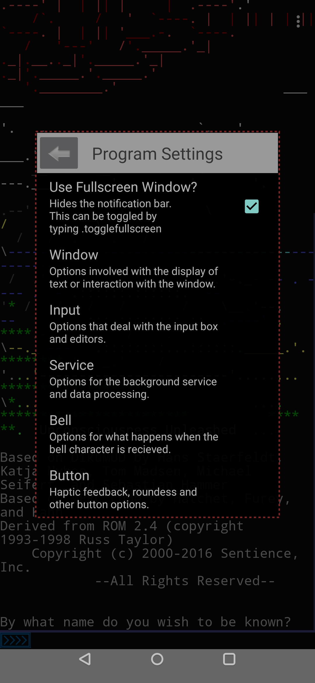 Settings screen